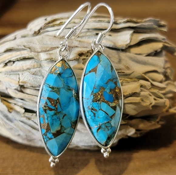 Handcrafted Jewelry - Native Copper Turquoise Gemstone Earrings Sterling Silver 925 Boho Size Womens